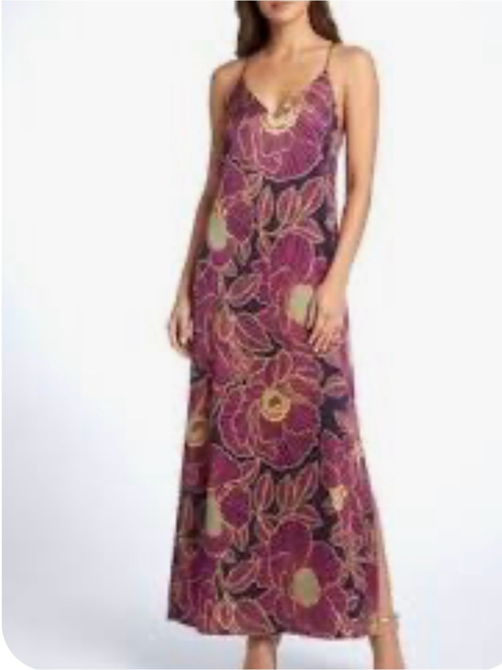 Nicole Miller 14 Floral Maxi Slip Dress in plum abd eggplant purple art deco